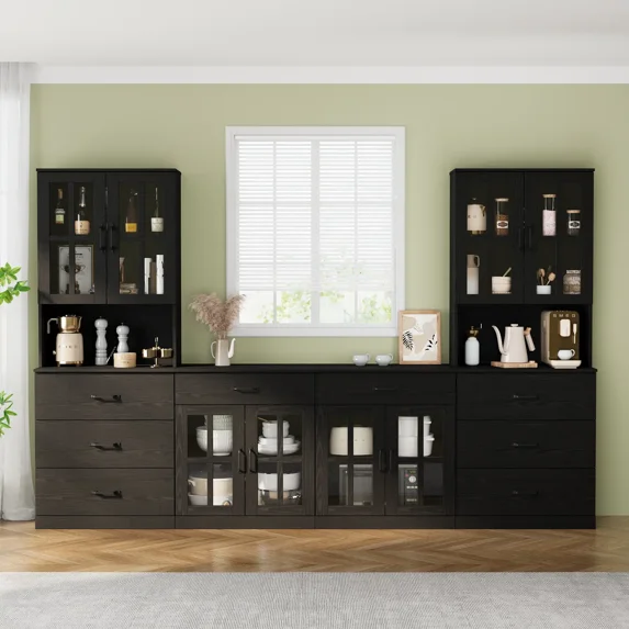 RichYa Kitchen Pantry Cabinet Set of 4,94" W Buffet Sideboard Coffee Bar with Glass Door Hutch,Modular Storage Cabinets with Shelves & Drawers for Dining Room,Black(CEEC)
