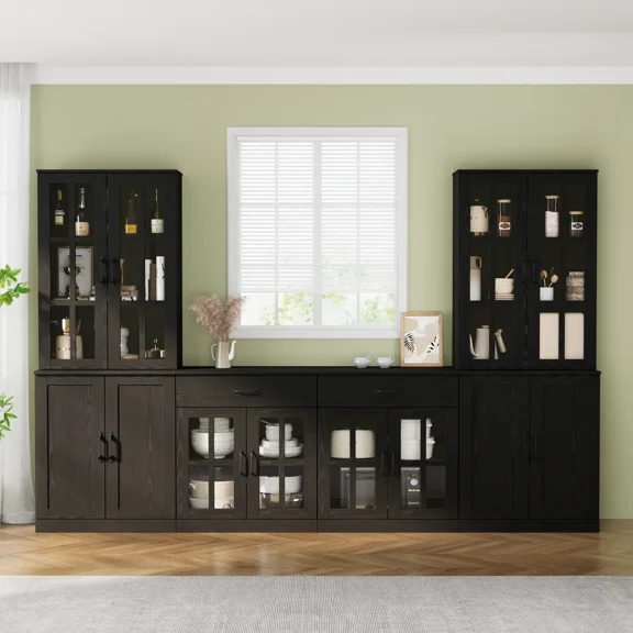 RichYa Kitchen Pantry Cabinet Set of 4,94" W Buffet Sideboard Coffee Bar with Glass Door Hutch,Modular Storage Cabinets with Shelves & Drawers for Dining Room,Black(BEEB)