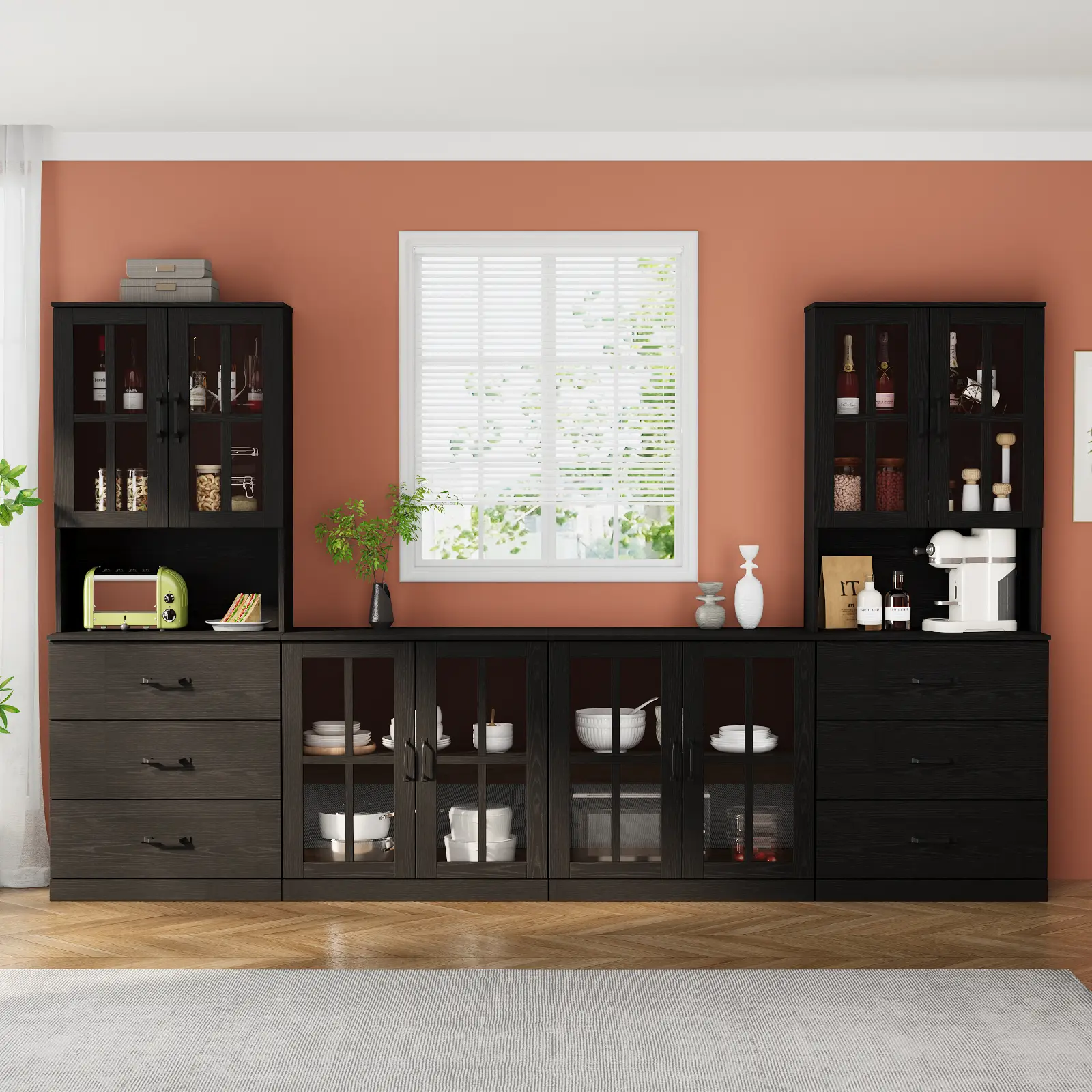 RichYa Kitchen Pantry Cabinet Set of 4,111" W Buffet Sideboard Coffee Bar with Glass Door Hutch,Modular Storage Cabinets with Shelves & Drawers for Dining Room,Black(CGGC)