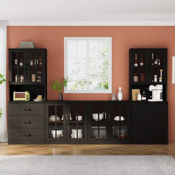 RichYa Kitchen Pantry Cabinet Set of 4,111" W Buffet Sideboard Coffee Bar with Glass Door Hutch,Modular Storage Cabinets with Shelves & Drawers for Dining Room,Black(CGGC)