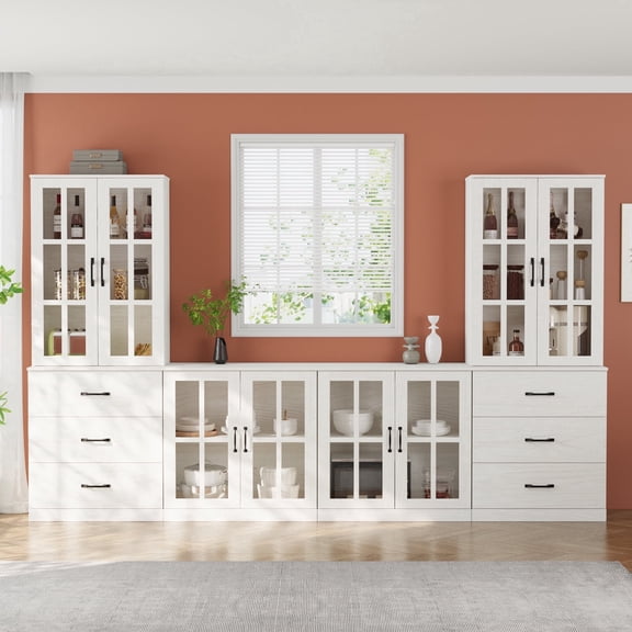 RichYa Kitchen Pantry Cabinet Set of 4,111" W Buffet Sideboard Coffee Bar with Glass Door Hutch,Modular Storage Cabinets with Shelves & Drawers for Dining Room,White(DGGD)