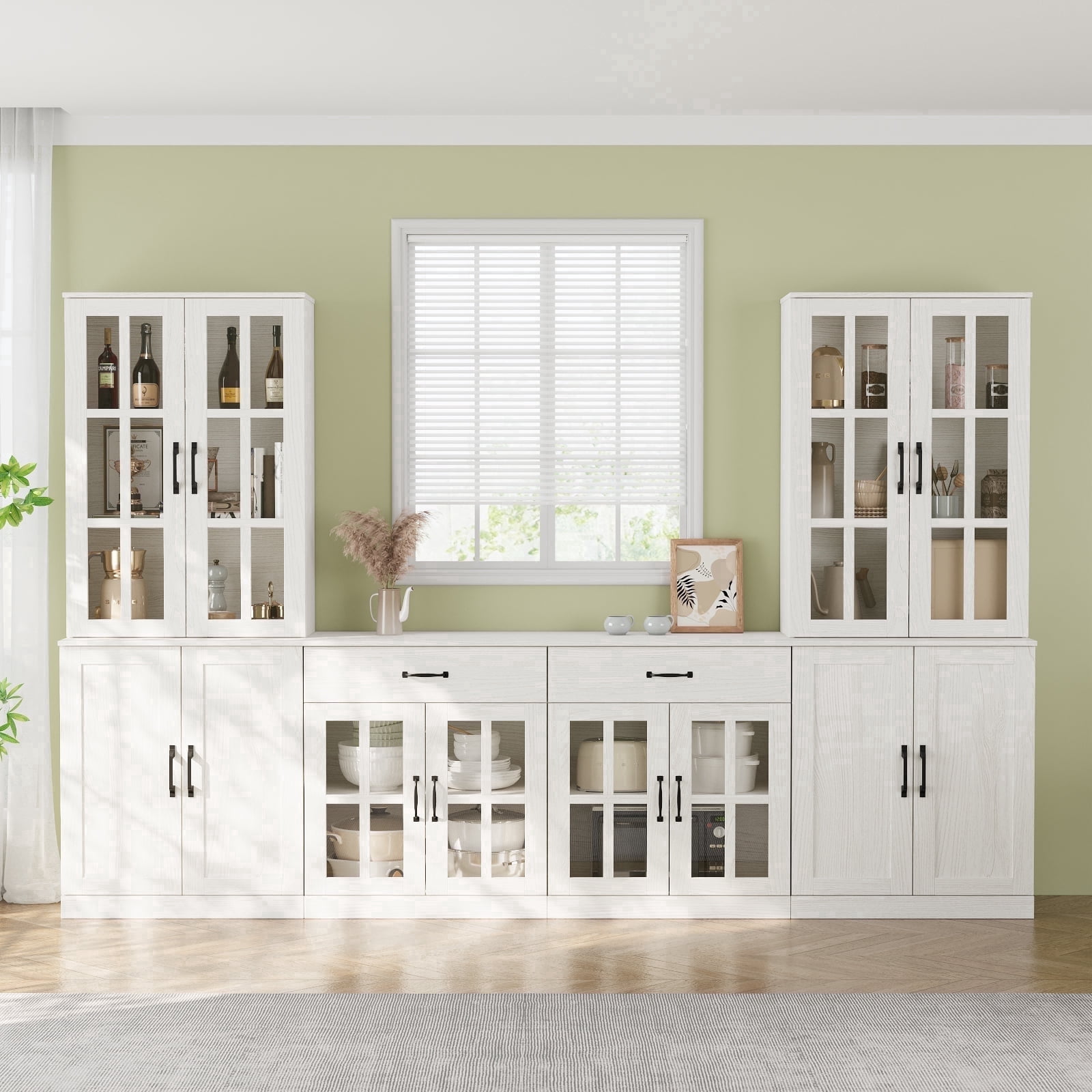 RichYa Kitchen Pantry Cabinet Set of 4,94" W Buffet Sideboard Coffee Bar with Glass Door Hutch,Modular Storage Cabinets with Shelves & Drawers for Dining Room,White(BEEB)