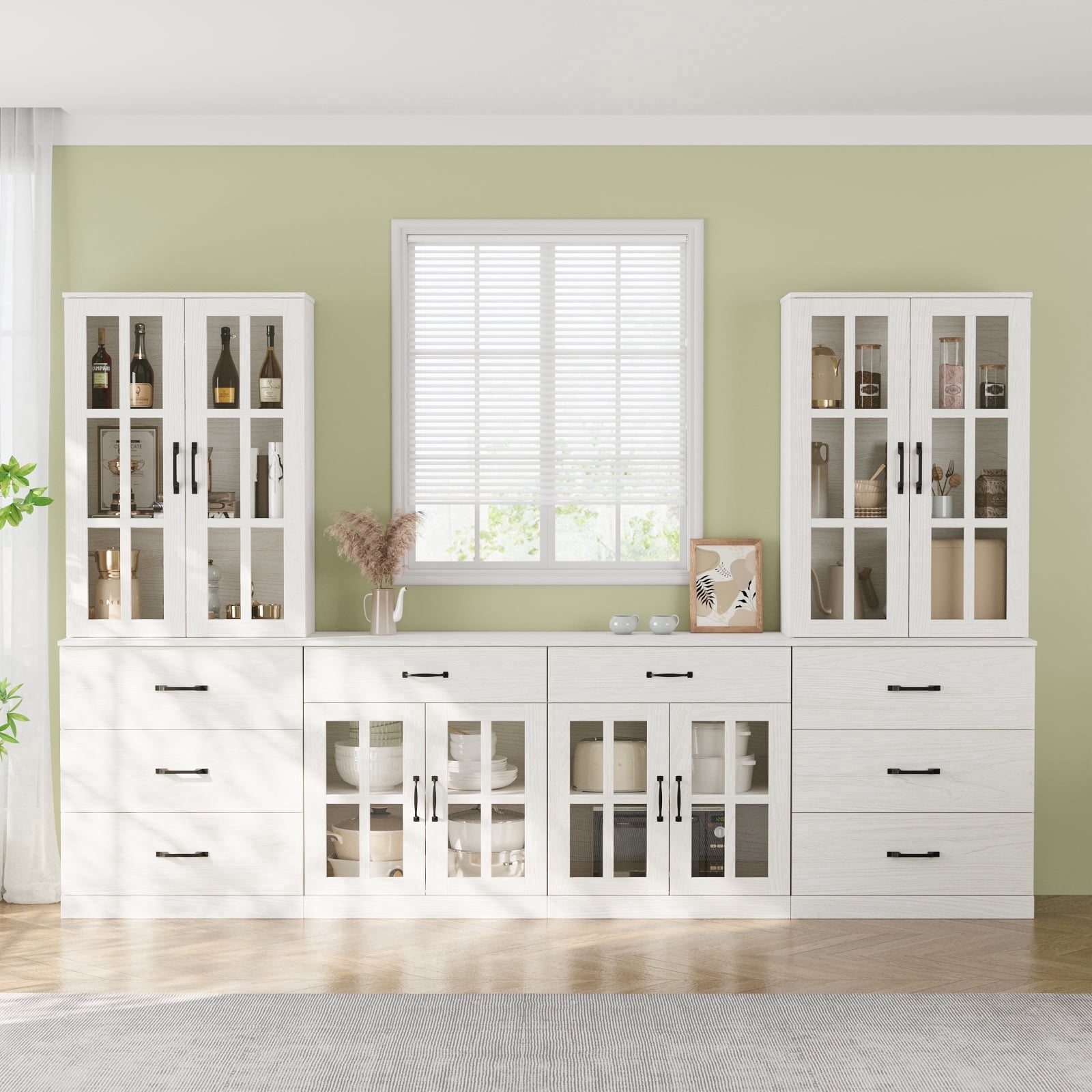 RichYa Kitchen Pantry Cabinet Set of 4,94" W Buffet Sideboard Coffee Bar with Glass Door Hutch,Modular Storage Cabinets with Shelves & Drawers for Dining Room,White(DEED)