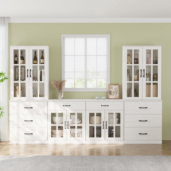 RichYa Kitchen Pantry Cabinet Set of 4,94" W Buffet Sideboard Coffee Bar with Glass Door Hutch,Modular Storage Cabinets with Shelves & Drawers for Dining Room,White(DEED)