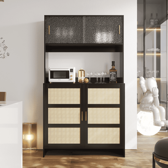 RichYa Kitchen Pantry Storage Cabinet, 72" Freestanding Kitchen Storage Cabinet with Rattan Doors for Dining Room, Black