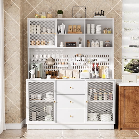 RichYa Kitchen Storage Pantry 57" Spacious Countertop Hutch with 3 Drawers 3 Cabinets Cup Holder & Power Strip,Buffet Bar Cabinet,White
