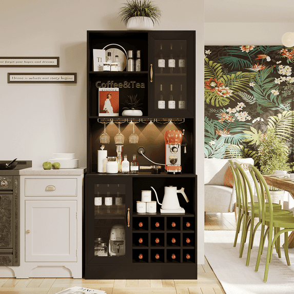 RichYa Large Wine Coffee Bar Cabinet with 12 Wine Racks , Kitchen Pantry Storage Cabinet with Shelves and Doors, Black