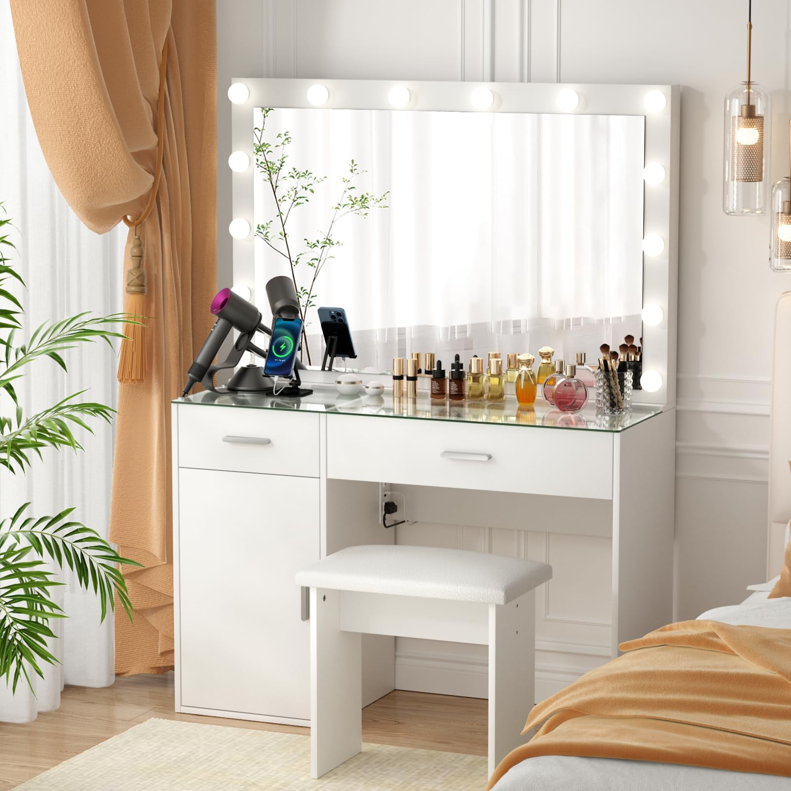 RichYa Makeup Vanity Desk Glass Table Top with Mirror and Lights Power ...