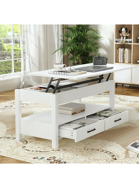 RichYa Modern 41.7in Lift Top Coffee Table with 2 Drawers Rectangle Metal Frame, White