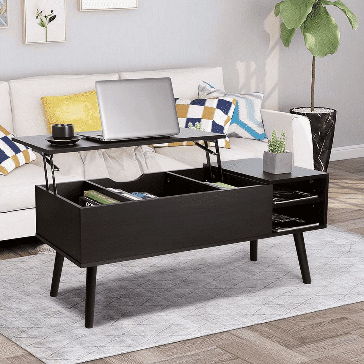 39.4 in. Black Modern Square Wood Coffee Table with Large Soft-Close Storage Drawer