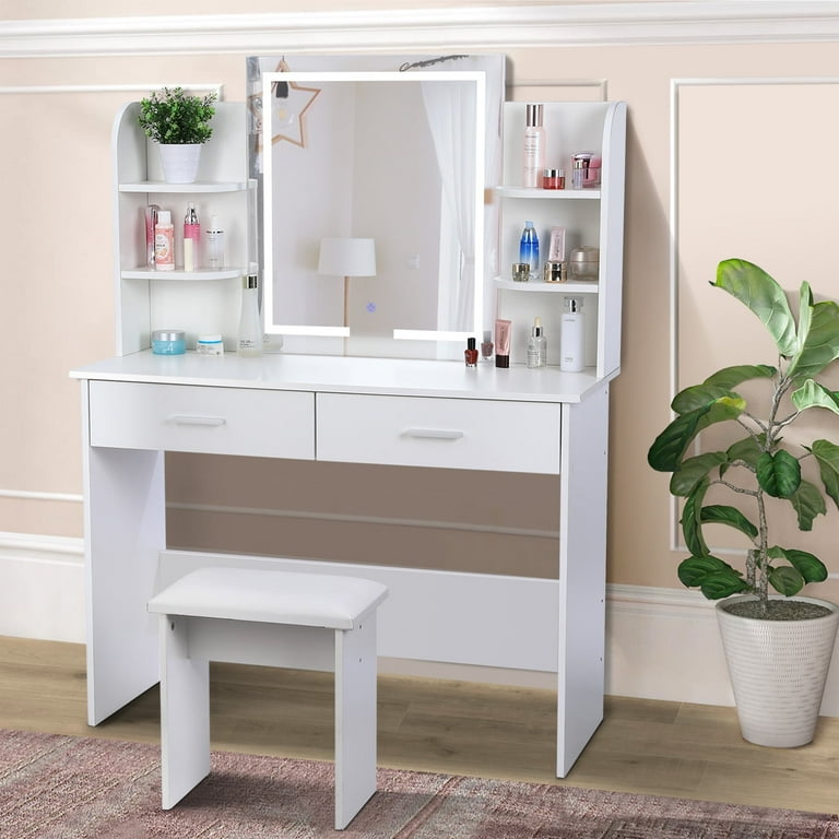 RichYa Makeup Vanity Set with Lighted Mirror, Drawers, 3-Color LED