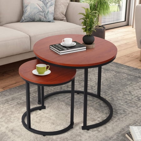 RichYa Modern Nesting Coffee Tables with 23.6'' Round Tabletop for Living Room Set of 2,Red Walnut