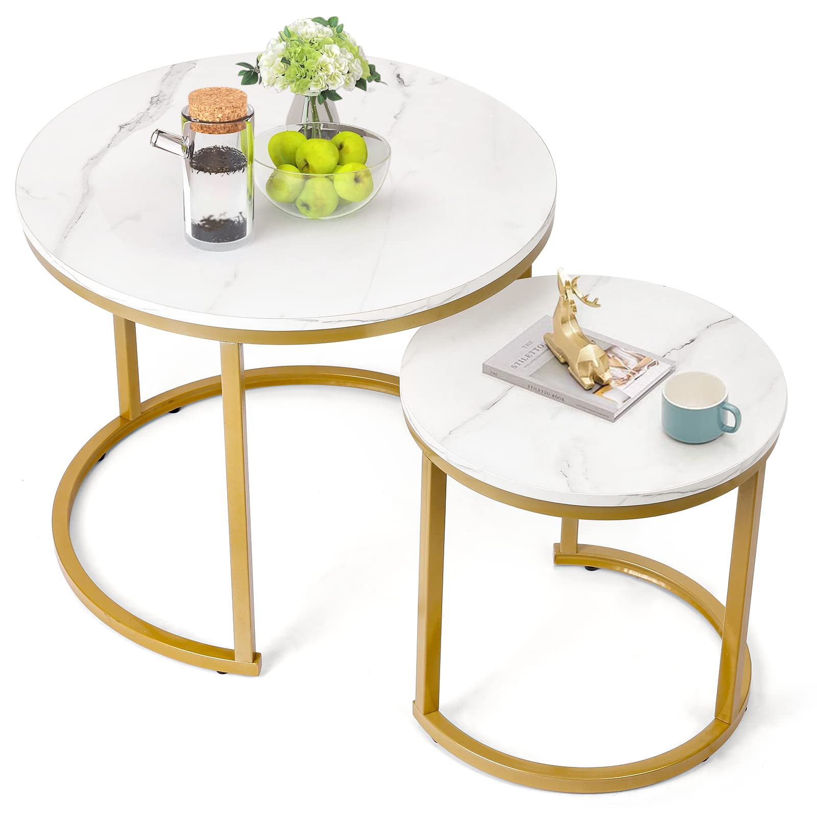 RichYa Modern Living Room Nesting Coffee Table Set of 2, Round Golden ...