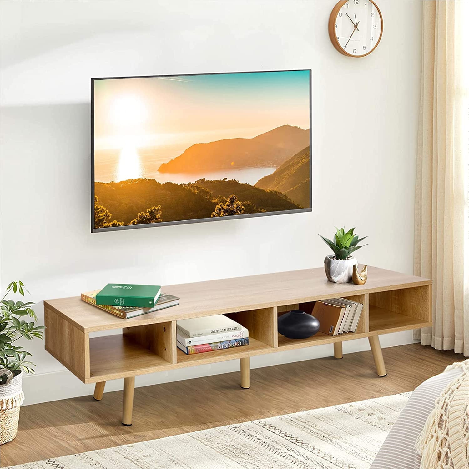 RichYa Modern TV Stand Console for TVs up to 65 for Living Room Entertaiment Center with Storage Shelves Furniture Natural Wood