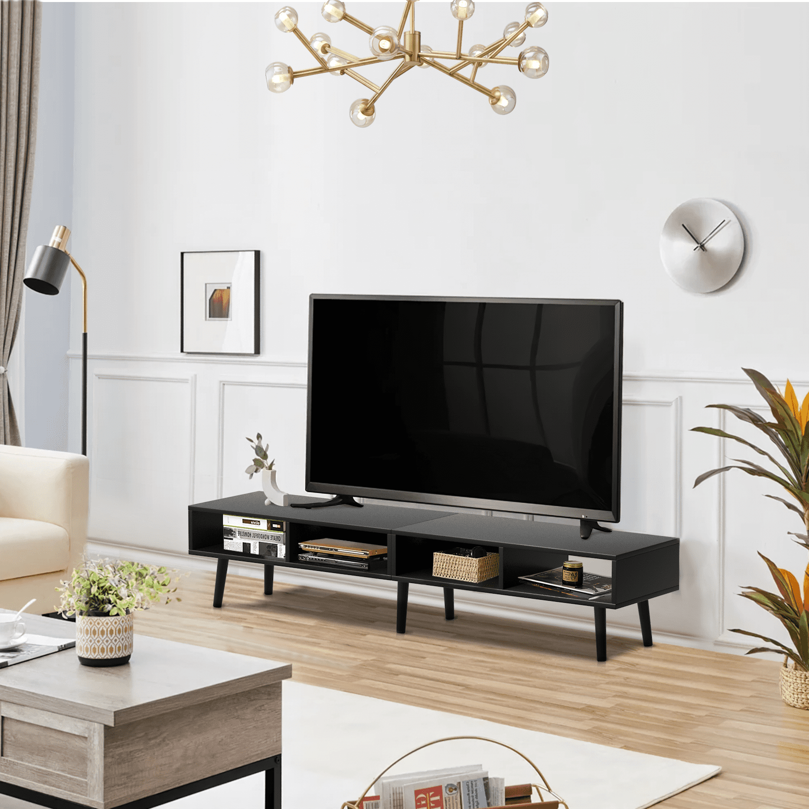 RichYa Modern TV Stand for TVs up to 65 inch with Storage,Black,Living ...