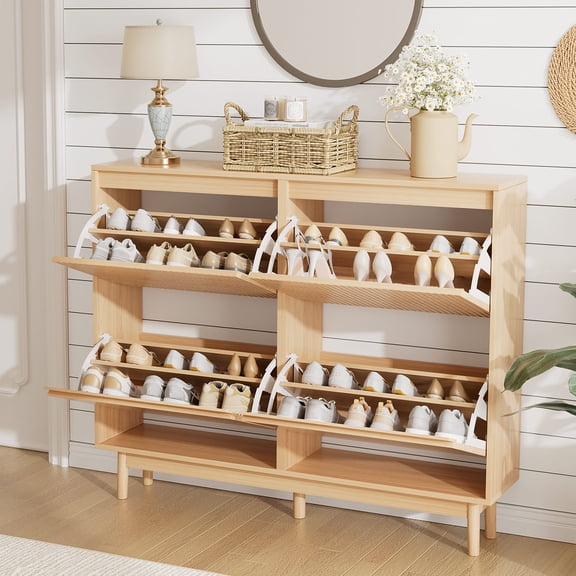 RichYa Entryway Slim Shoe Cabinet – 4 Flip Drawers with Adjustable Divider, Fluted Narrow Shoe Rack Fits 20 Pairs for Living Room