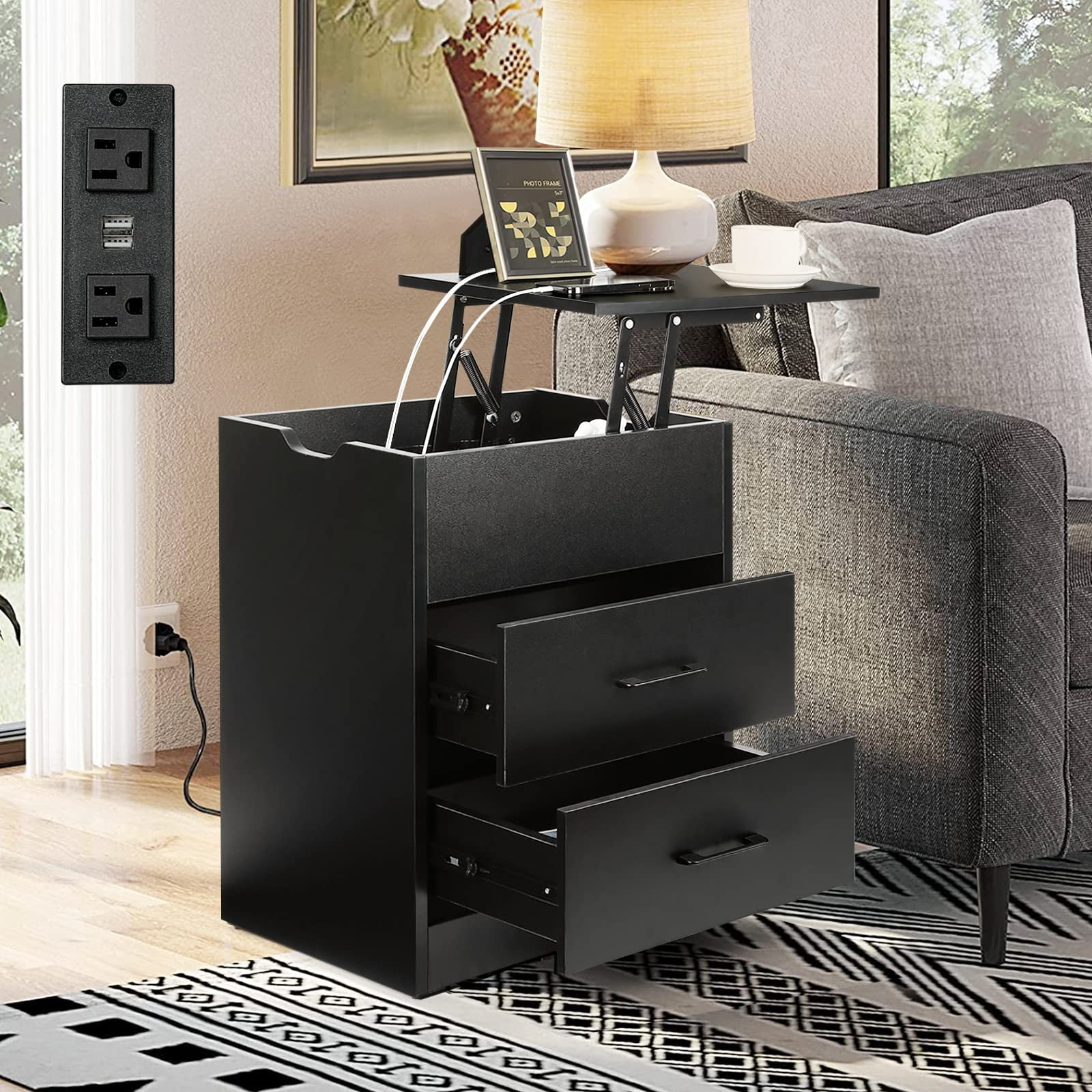 RichYa Nightstand with Reversible Lift Top Tall Bedside Table with