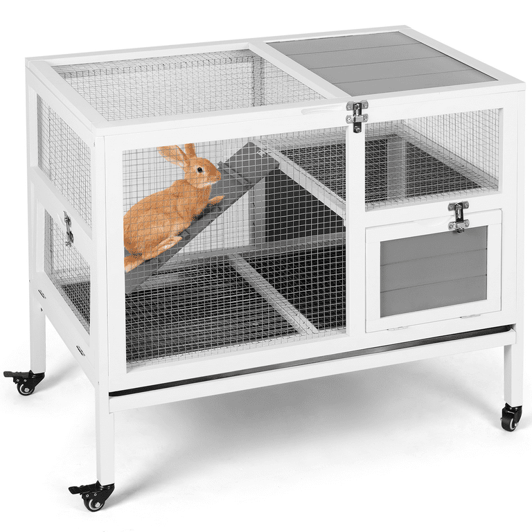 RichYa 2 Story Rabbit Hutch Indoor Pine Wood Guinea Pig Cage No Leak Tray Grey Walmart