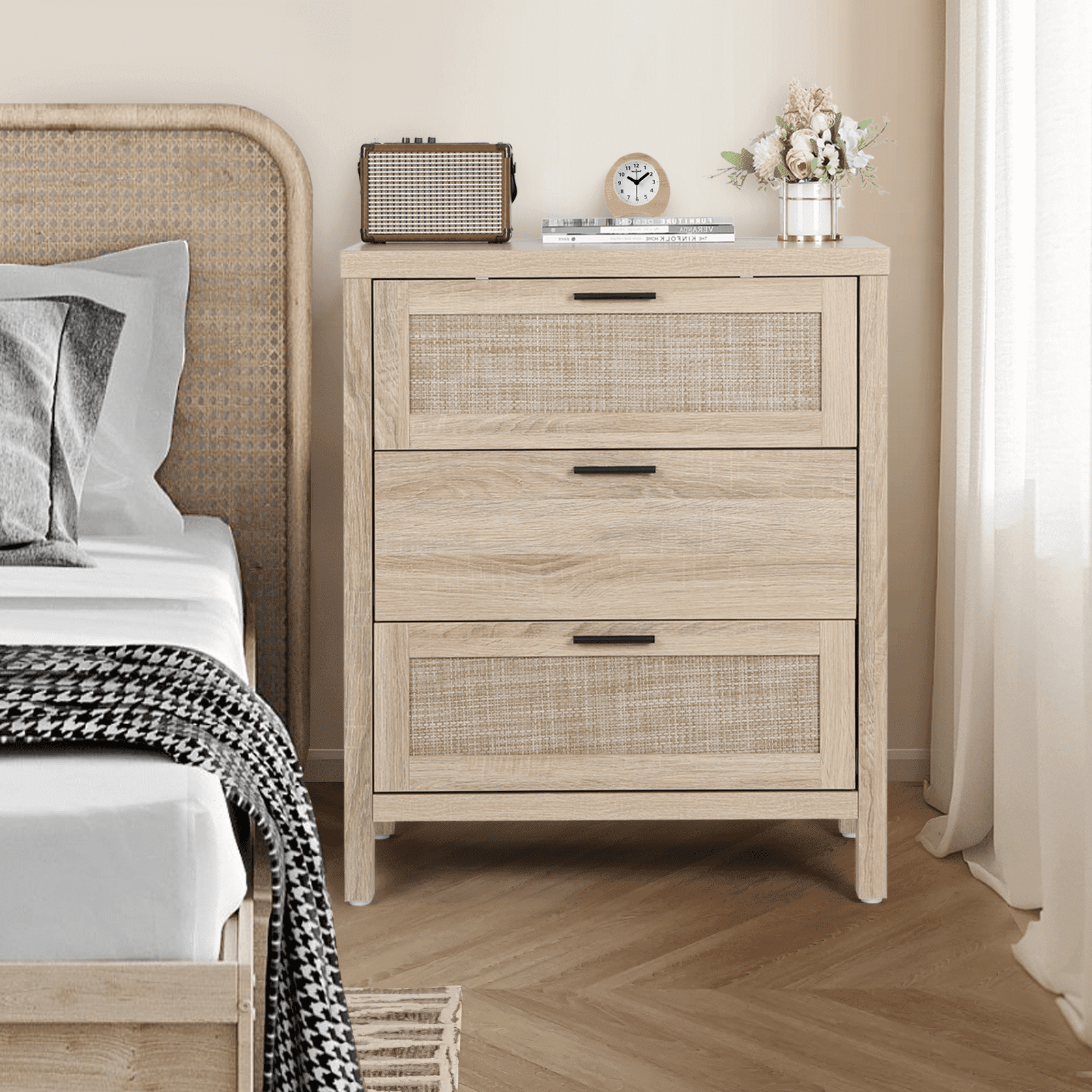 RichYa Rattan 3 Drawer Dresser, Wood Storage Chest with Black Handles,  Bedroom, Living Room - Walmart.com