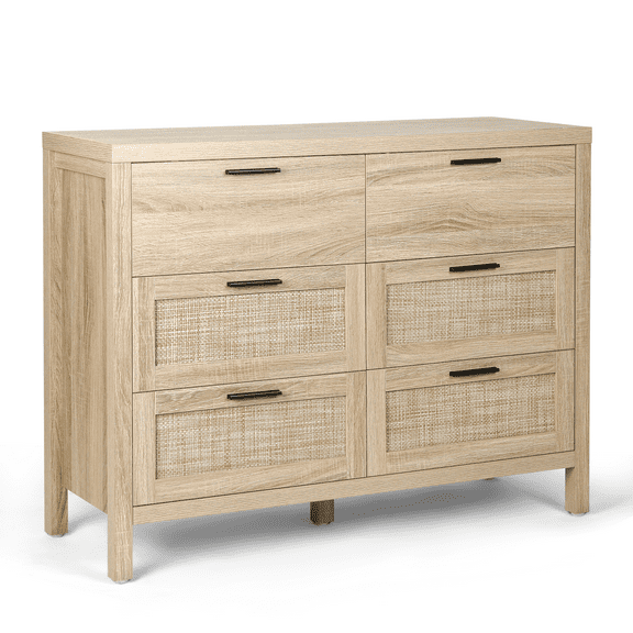 RichYa Rattan 6 Drawer Dresser for Bedroom, Wood Storage Dresser with Black Handles, Chest of Drawers for Bedroom, Living Room, Hallway, Nursery