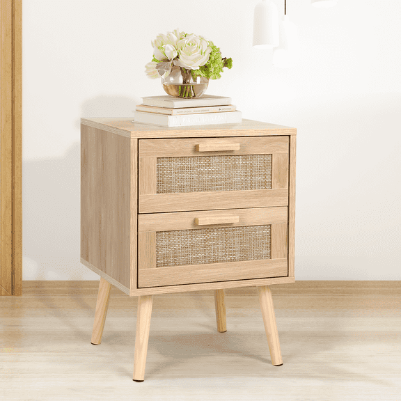 RichYa Rattan Nightstand, Night Stand with 2 Drawers and Solid Wood Legs, Side Table with Storage for Bedroom, End Table for bedroom,living room
