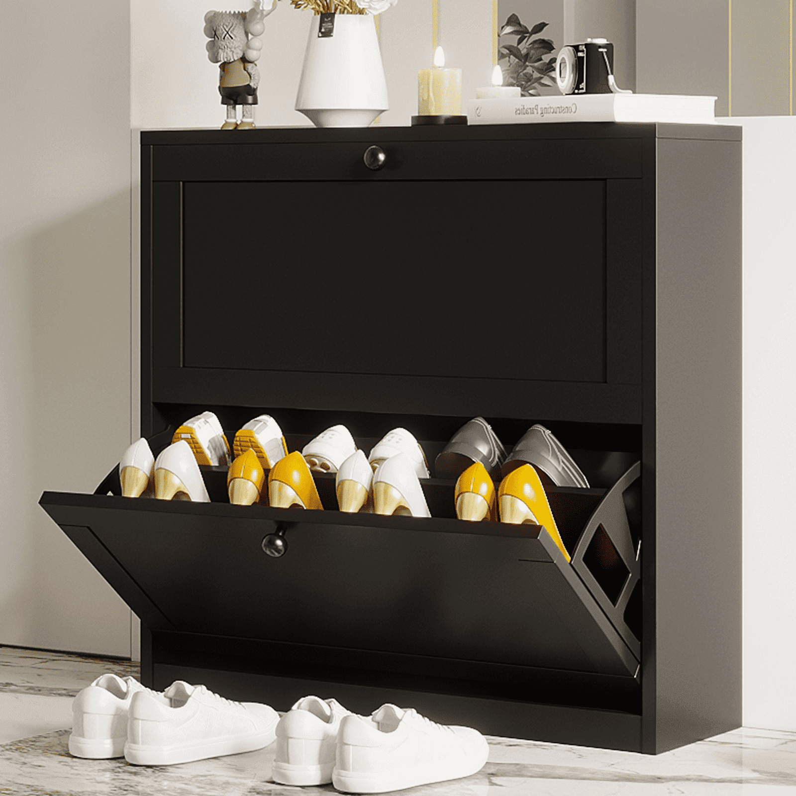 RichYa Shoe Cabinet for Narrow Entryway Shoe Rack Flip Down Wood 2 Tier for Home and Apartment Black Walmart Business Supplies