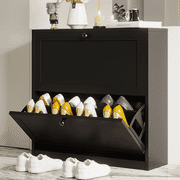 RichYa Shoe Cabinet for Narrow Entryway Shoe Rack Flip Down Wood 2 Tier for Home and Apartment Black