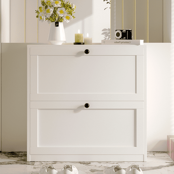 RichYa Shoe Cabinet for Narrow Entryway Shoe Rack Flip Down Wood 2 Tier for Home and Apartment White