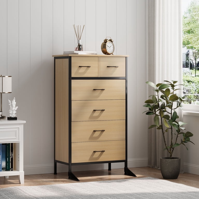 Richya Dresser Chest of 6 Drawers Adult for Bedroom, Storage Cabinet with Steel Frame, Oak