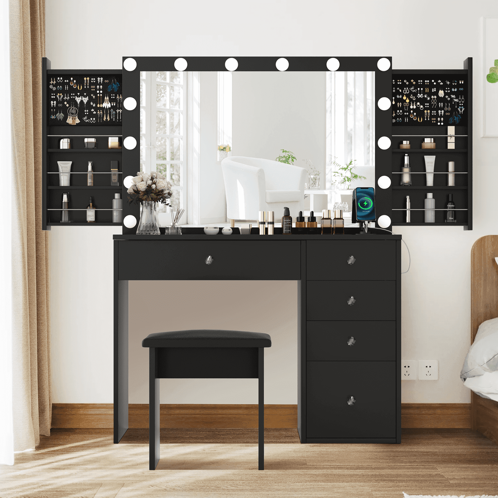 RichYa Modern Makeup Vanity Desk Table with Lighted Mirror and Power Outlet 2 Slidding Storage Cabinet Black