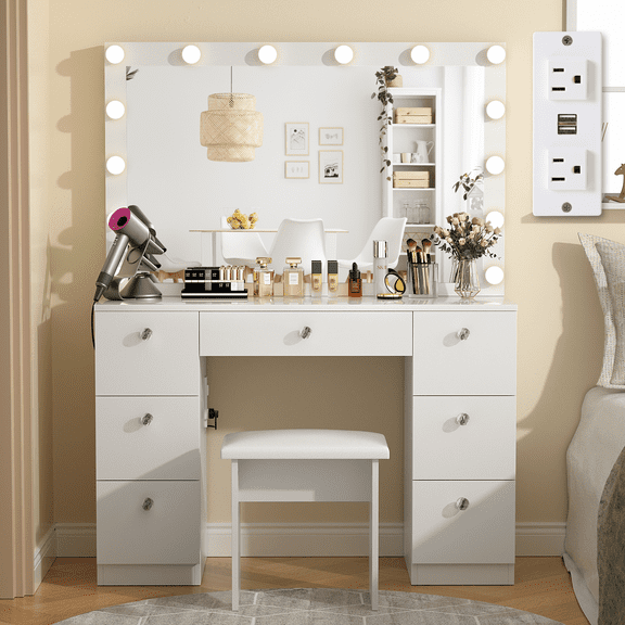 RichYa Modern Makeup Vanity Desks with Mirrors and Light and Drawers Makeup Table Sets for Girls Women,White