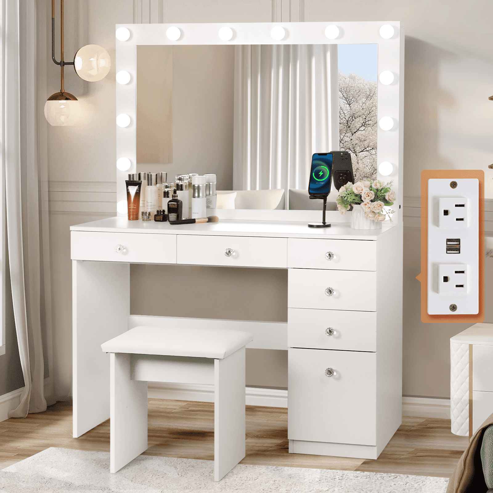 RichYa Vanity with Lighted Mirror Crystal Ball Handles Power Outlet and