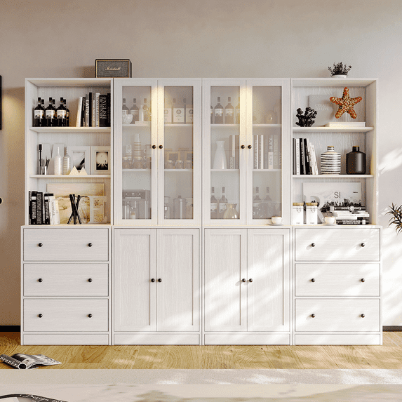 RichYa Vertical File Cabinet, 3-Tier Modern Bookshelf with 3 Large Drawer, Wood Filing Cabinet with Open Storage Shelf, Glass Doors and Fixed Storage Shelves for Home Office, White