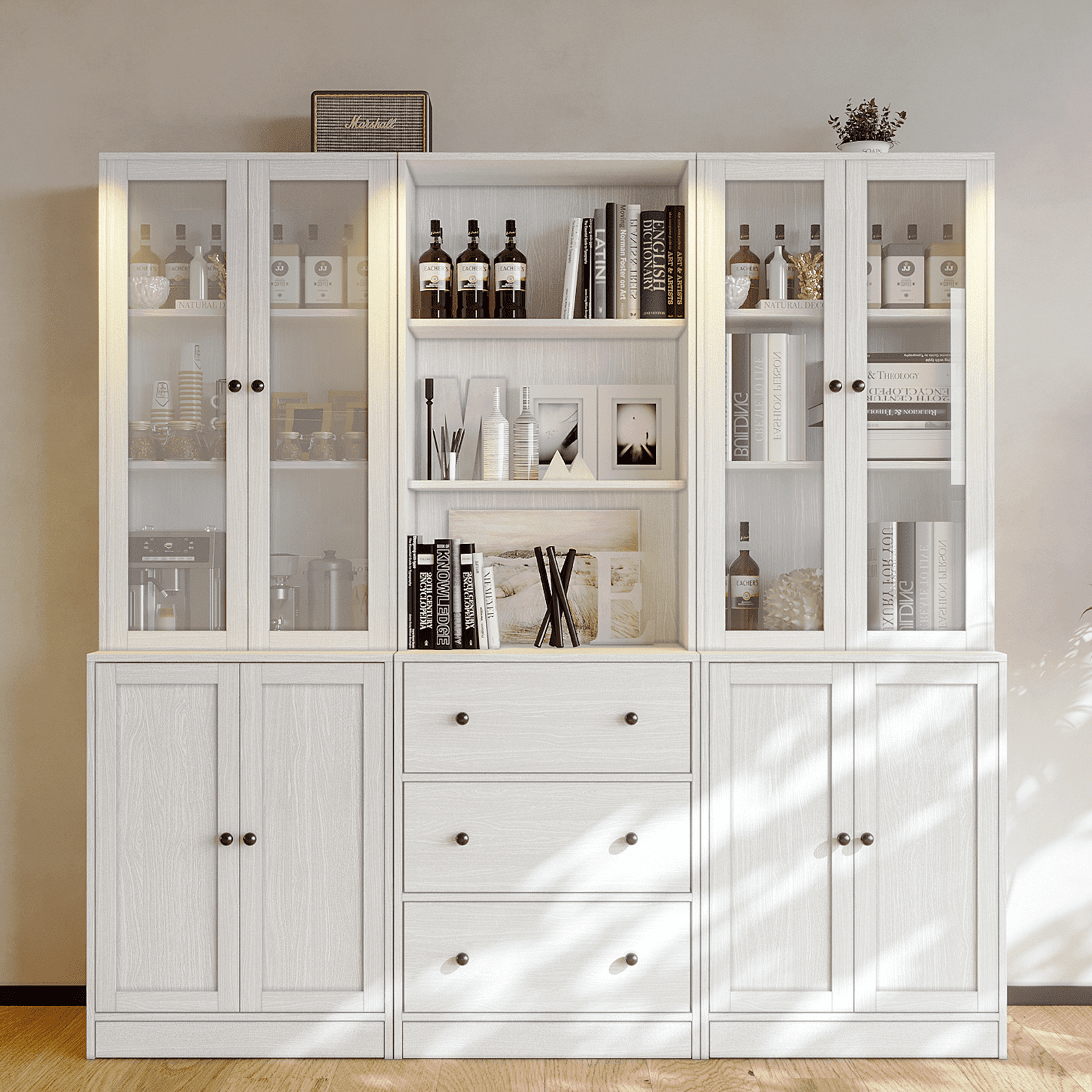 RichYa 3Pcs Vertical File Cabinet, 3-Tier Modern Bookshelf with 3 Large Drawers, Wood Filing Cabinet with Open Storage Shelf, Glass Doors for Home Office, White