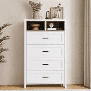 RichYa White 4 Drawer Dresser for Bedroom,Chest of Drawers with Metal Handles,Modern Dresser with Open Cubbies for Living Room