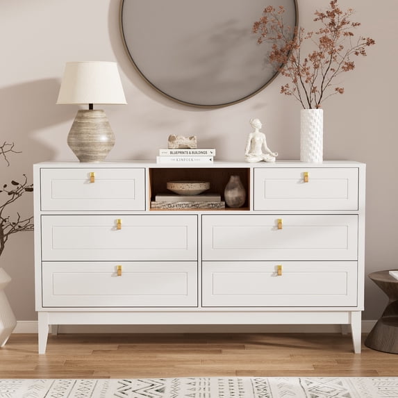 RichYa White Dresser for Bedroom, 6 Drawer Dresser with Open Storage Shelf and Genuine Leather Pull Handles, Modern Chest of Drawers