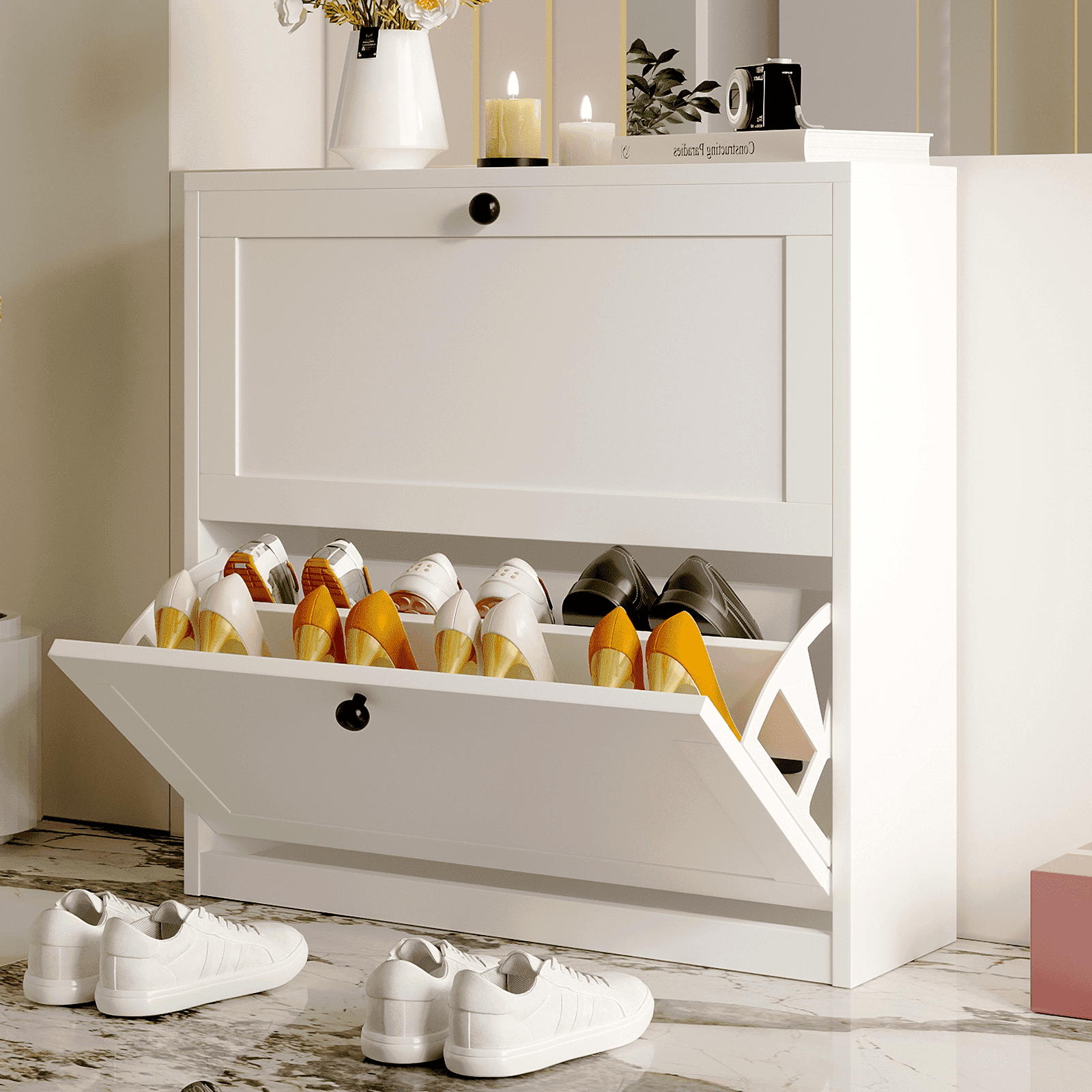 RichYa White Shoes Cabinet with 2 Flip Drawers for Narrow Entryway,Shoe Storage Cabinet Shoe Rack Organizer for Bedroom Living Room