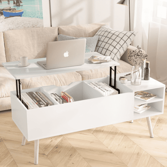 RichYa Wood Lift Top Coffee Table with Hidden Compartment and 2 Shelf Storage