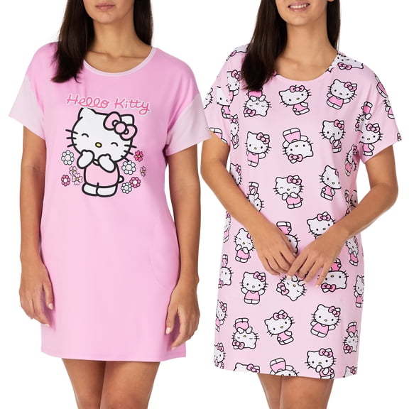 Richard Leeds International Womens Drop Shoulder Sleepshirt Dress 2-Pack Hello Kitty, Large, Pink Hello Kitty