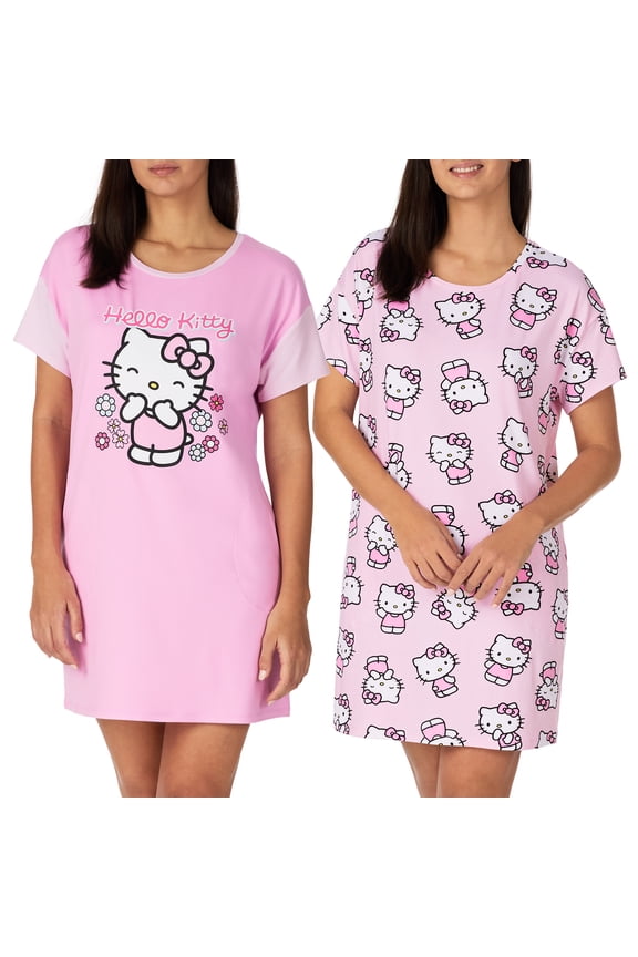 Richard Leeds International Womens Drop Shoulder Sleepshirt Dress 2-Pack Hello Kitty, Medium, Pink Hello Kitty