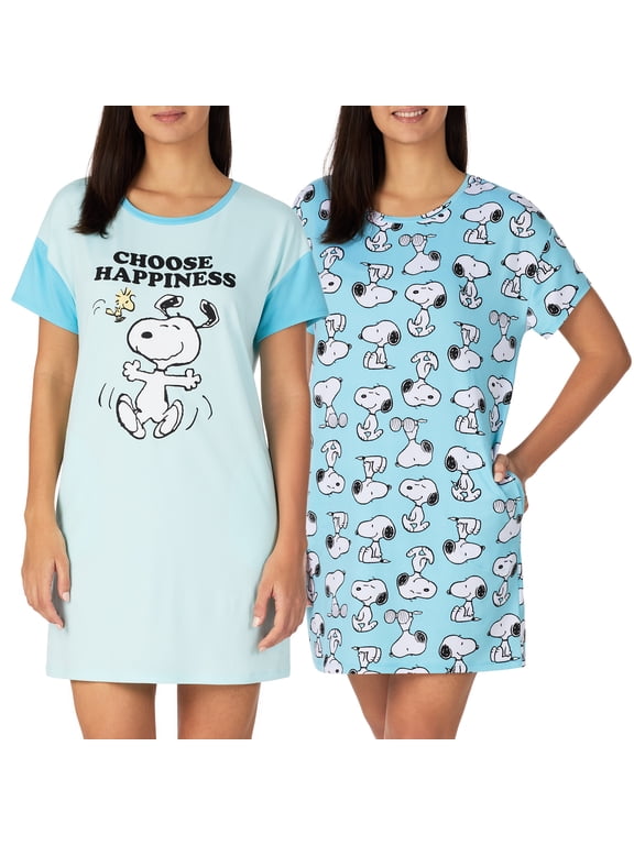 Richard Leeds International Womens Drop Shoulder Sleepshirt Dress 2-Pack Peanuts Snoopy, X-Large, Blue Snoopy