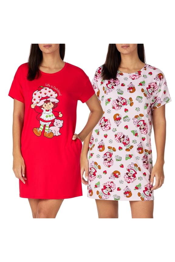 Richard Leeds International Womens Drop Shoulder Sleepshirt Dress 2-Pack Strawberry Shortcake, X-Large, Pink Strawberry Shortcake