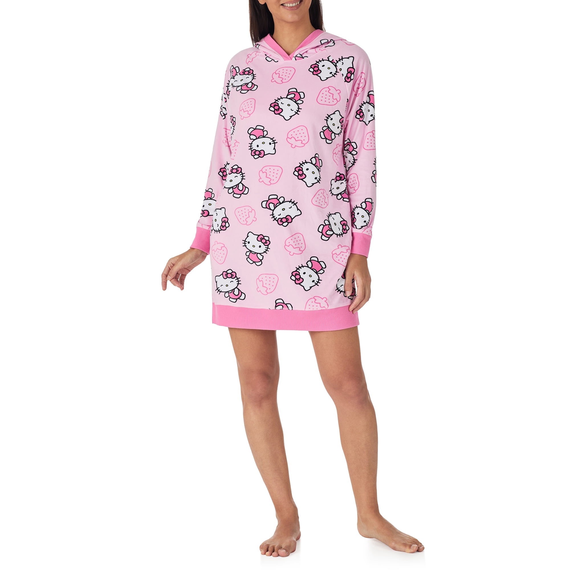 Richard Leeds International Womens Hello Kitty Hooded Pajama Lounger Sleep & Lounge Dress - Super Soft Plushy Cozy & Warm Hoodie Loungewear Pajamas Dresses for Women, Pink Medium