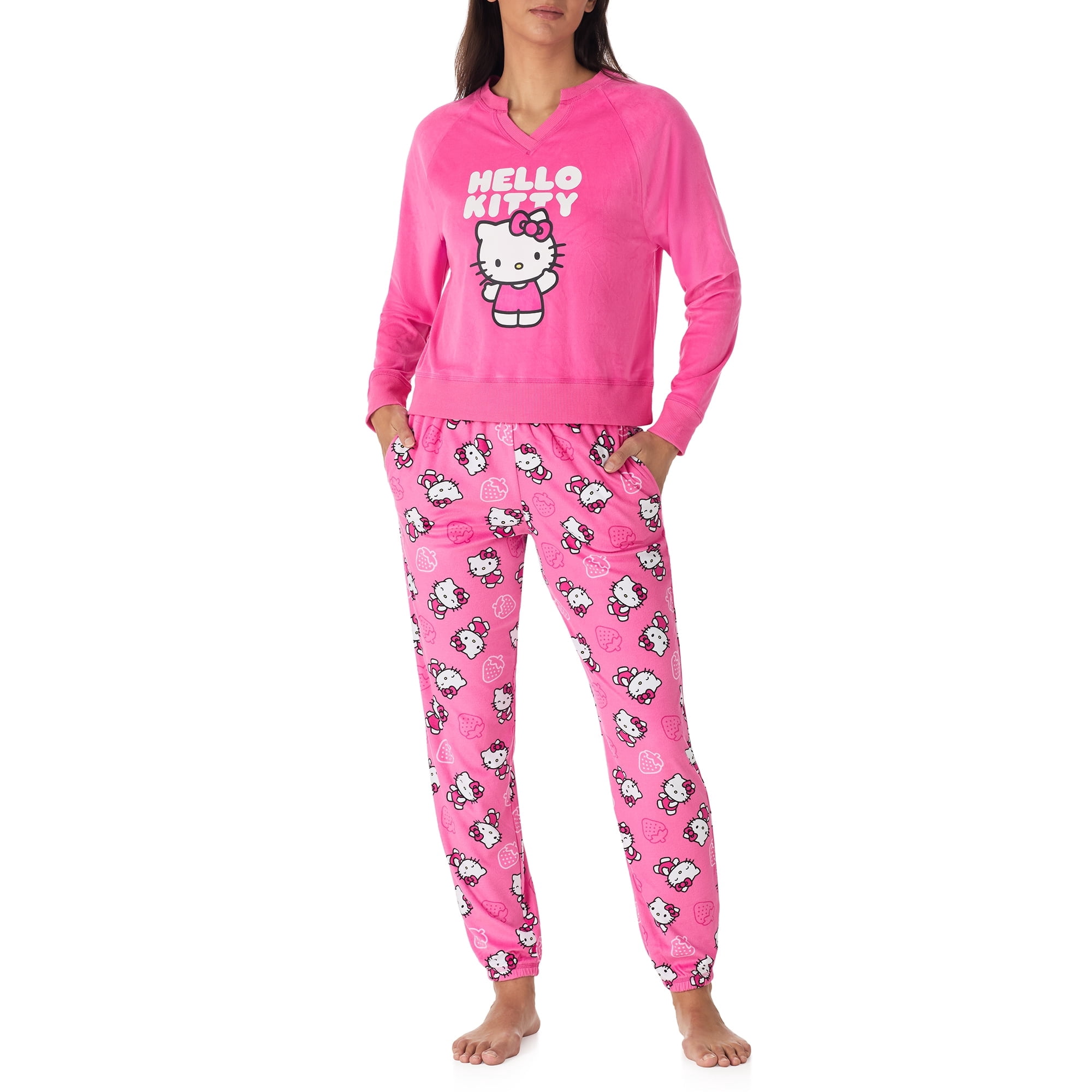 Richard Leeds International Womens Hello Kitty Matching 2 Piece Long Sleeve Pajama Top & PJs Jogger Pants Set with Pockets - Soft & Cozy Sleep & Loungewear Pajamas Sets for Women, Pink, L