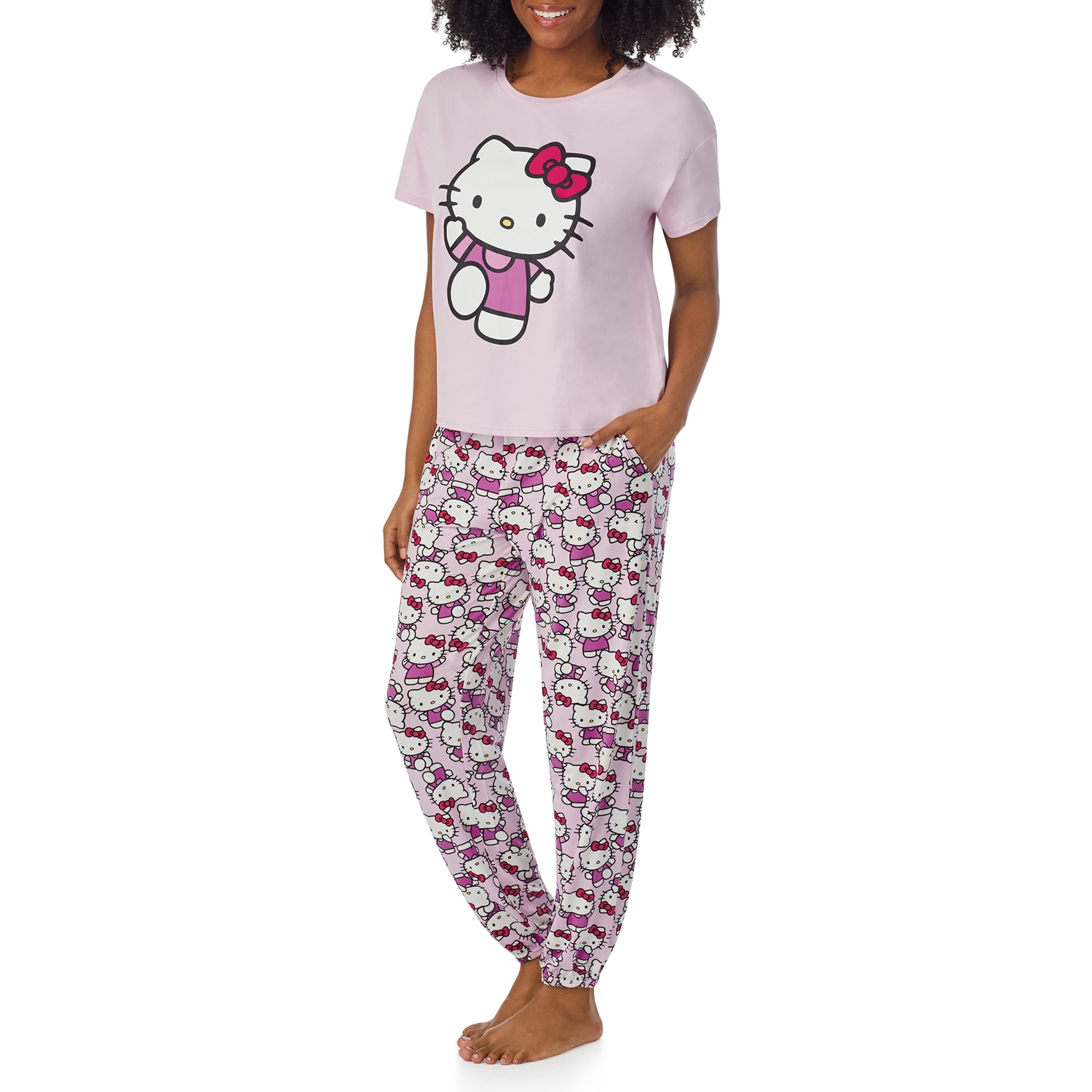 Richard Leeds International Womens Hello Kitty Matching 2 Piece Short Sleeve Pajama Top & PJs Jogger Pants Set with Pockets - Soft & Cozy Sleep & Loungewear Pajamas Sets for Women, Pink X-Large