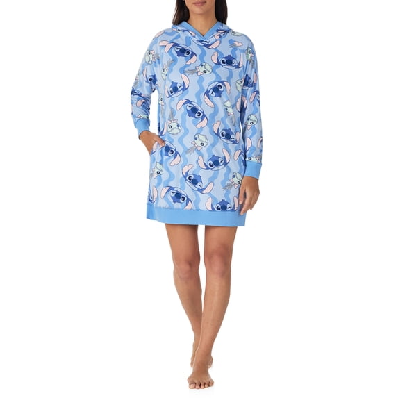 Richard Leeds International Womens Lilo and Stitch Hooded Pajama Lounger Sleep & Lounge Dress - Super Soft Plushy Cozy & Warm Hoodie Loungewear Pajamas Dresses for Women, Blue Medium