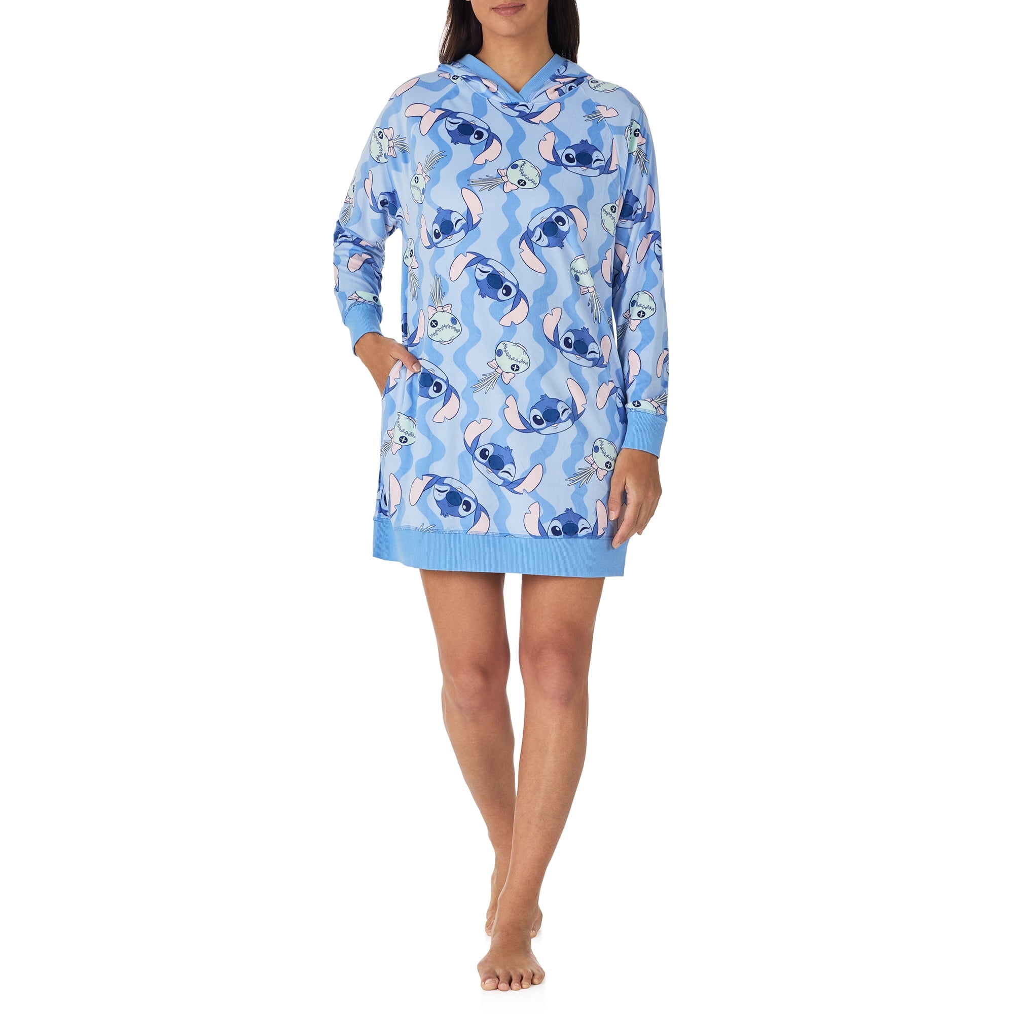 Richard Leeds International Womens Lilo and Stitch Hooded Pajama Lounger Sleep & Lounge Dress - Super Soft Plushy Cozy & Warm Hoodie Loungewear Pajamas Dresses for Women, Blue X-Large