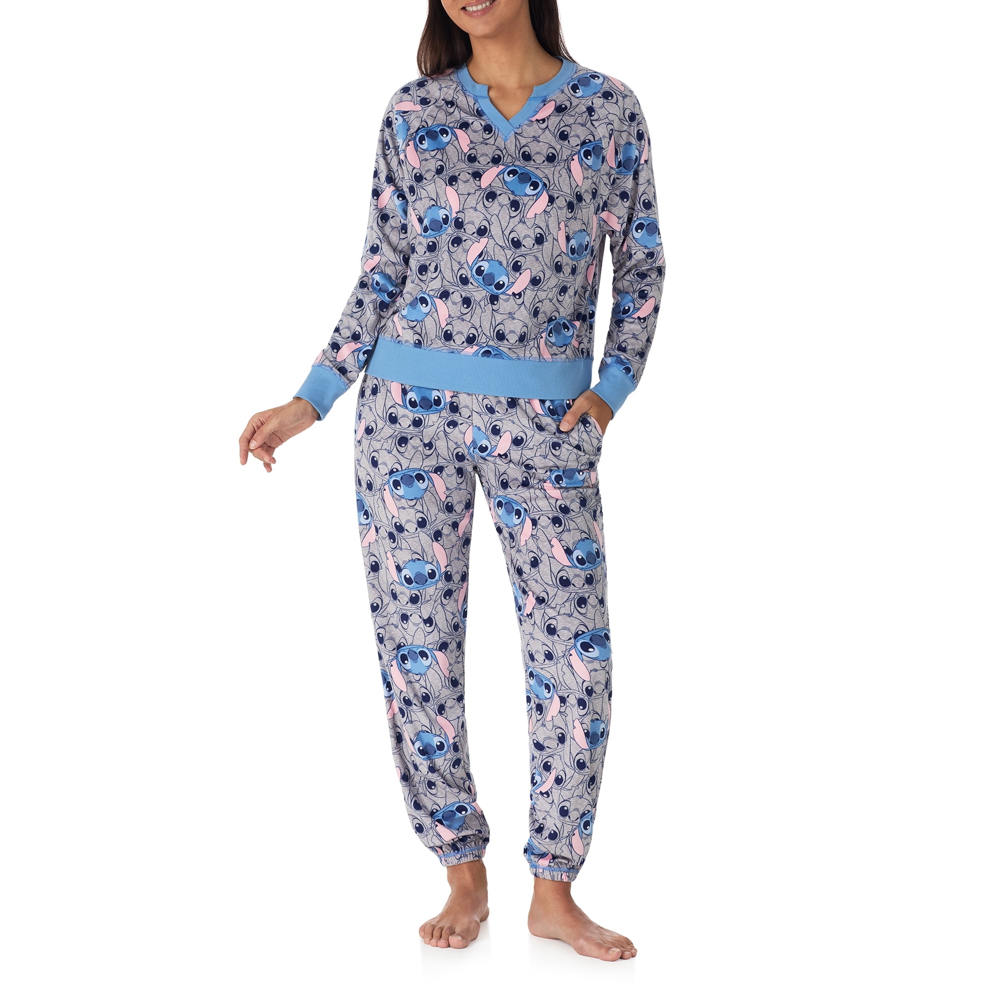 Richard Leeds International Womens Lilo and Stitch Matching 2 Piece Long Sleeve Pajama Top & PJs Jogger Pants Set with Pockets - Soft & Cozy Sleep & Loungewear Pajamas Sets for Women, Gray, XL