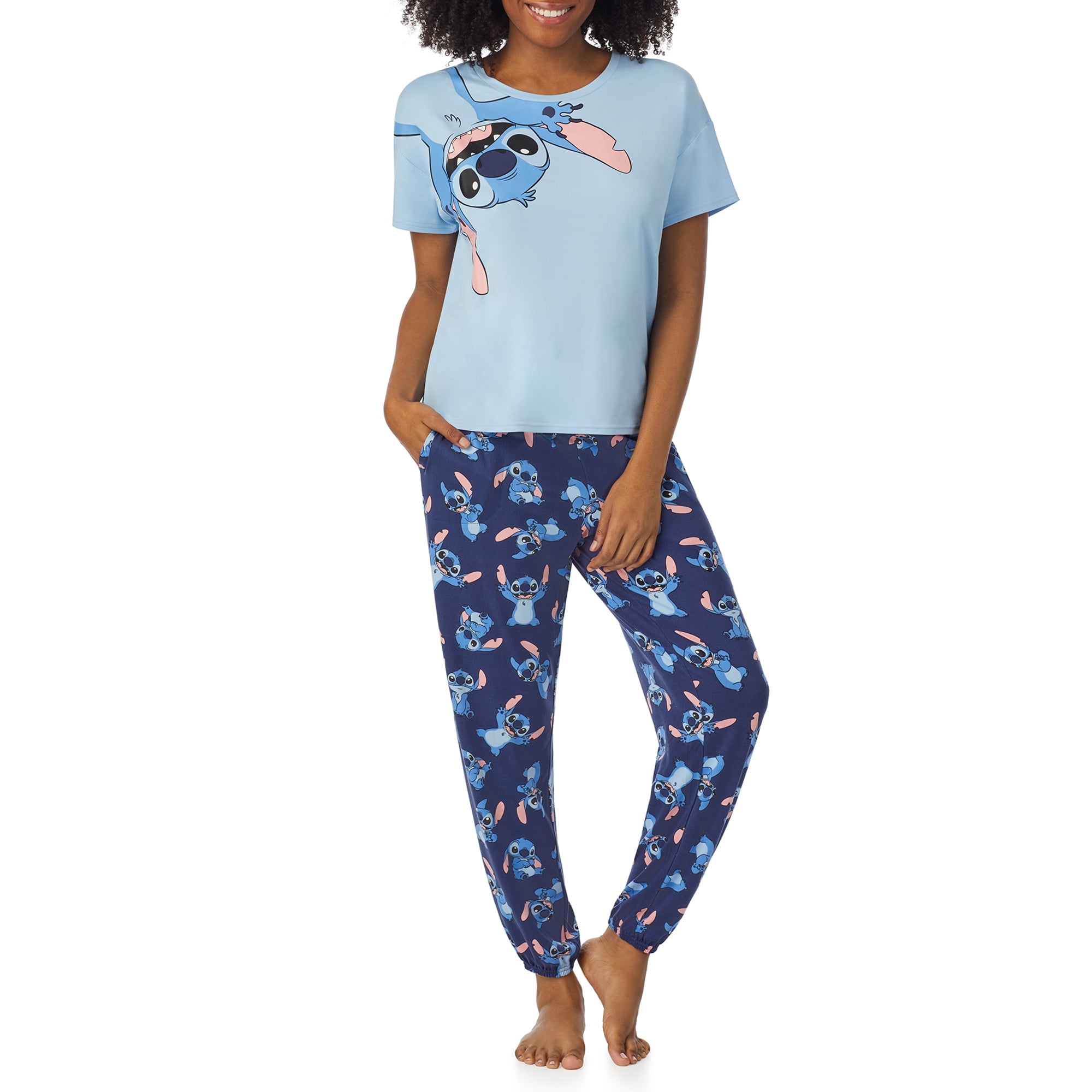 Richard Leeds International Womens Lilo and Stitch Matching 2 Piece Short Sleeve Pajama Top & PJs Jogger Pants Set with Pockets - Soft & Cozy Sleep & Loungewear Pajamas Sets for Women, Blue Small