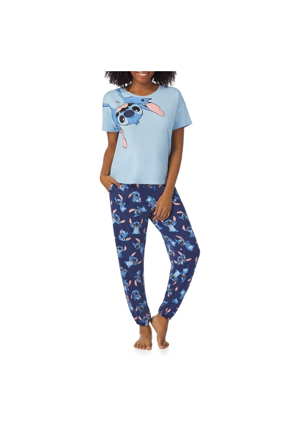 Richard Leeds International Womens Lilo and Stitch Matching 2 Piece Short Sleeve Pajama Top & PJs Jogger Pants Set with Pockets - Soft & Cozy Sleep & Loungewear Pajamas Sets for Women, Blue Large